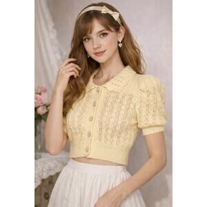 ASTR The Label Dallyn Pointelle Collared Short Sleeve Sweater (XS) Romantic Twee